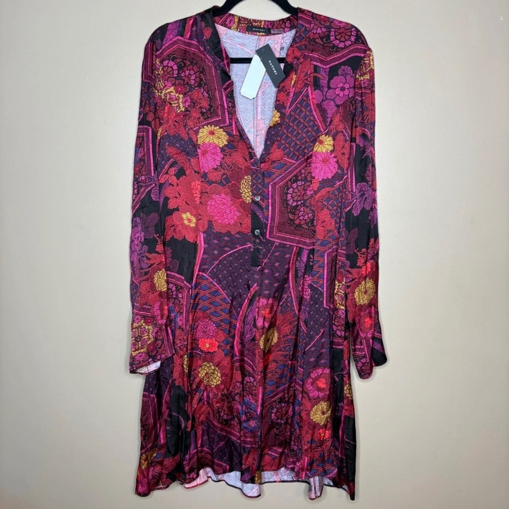 Natori Pink Purple Floral Garden Tapestry Long Sleeve Shirt Dress Size 12 NWT